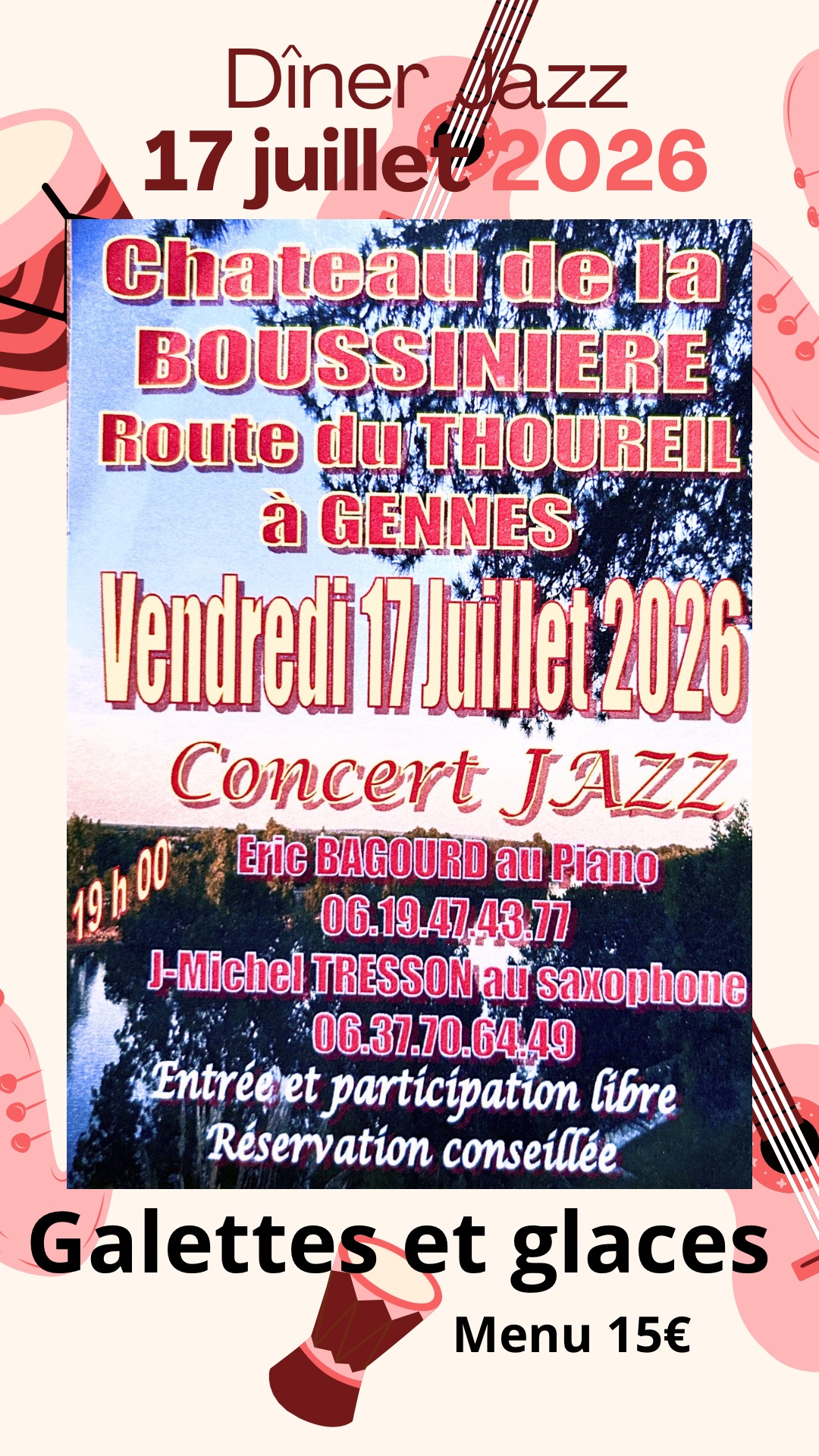 Affiche Dîner Jazz — Château de la Boussinière, Gennes-Val-de-Loire, 17 juillet 2026