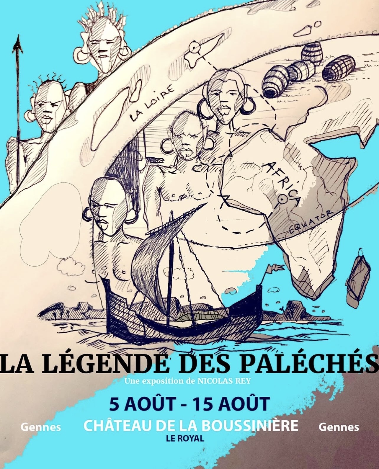 Affiche La Légende des Paléchés, une exposition de Nicolas Rey — Château de la Boussinière, Gennes, août 2026